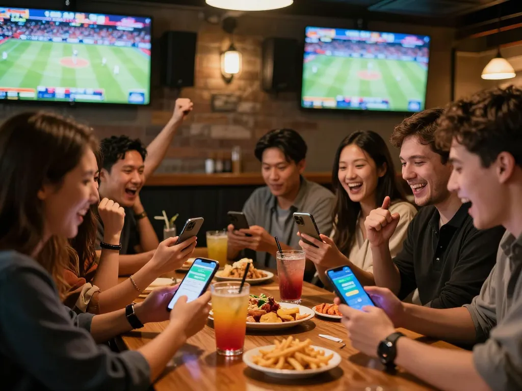 Friends joyously betting on vaobet app at a vibrant sports bar.