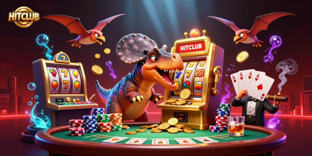 Engage with HITCLUB's colorful 3D digital casino scene featuring vibrant slot machine action and animated characters.