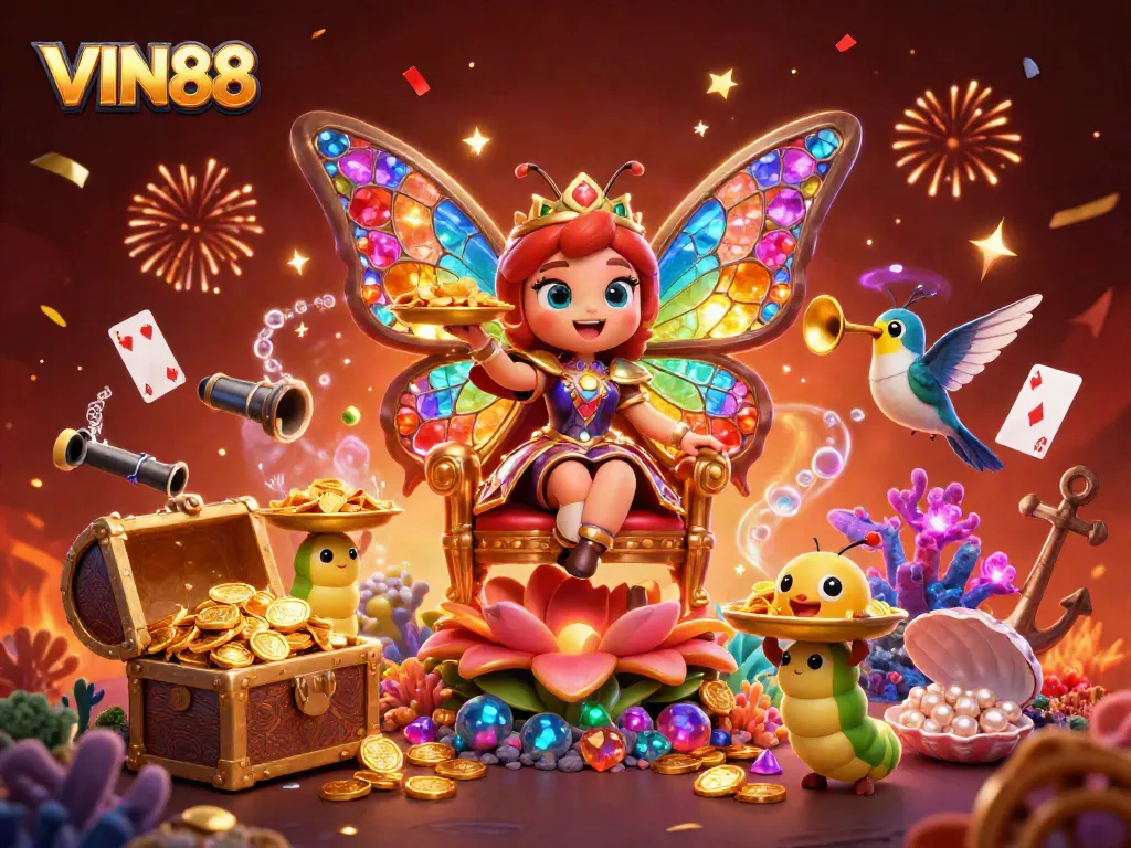 Experience the excitement of VIN88 with a vibrant 3D casino scene showcasing a butterfly queen, celebrating with gems and playing cards.
