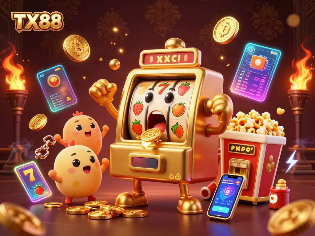 TX88 slot machine celebrates a jackpot, surrounded by bonuses and gold coins, creating excitement.