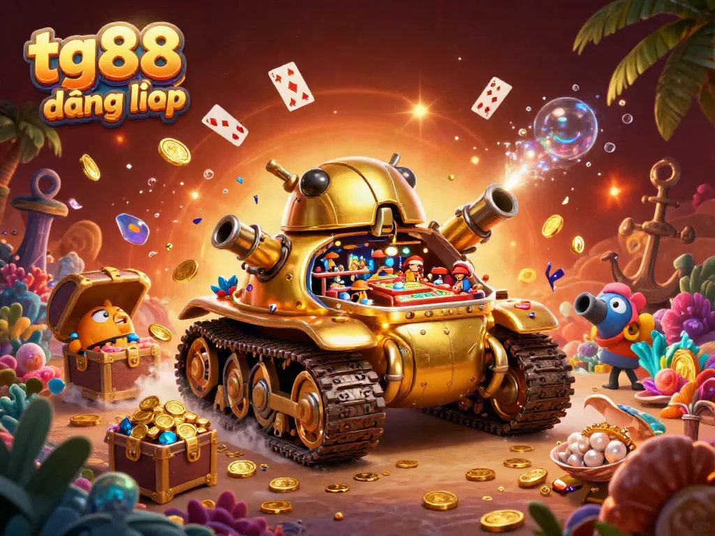 Experience thrilling gameplay with tg88 đăng nhập as gold coins and vibrant gems abound in a whimsical casino tank.