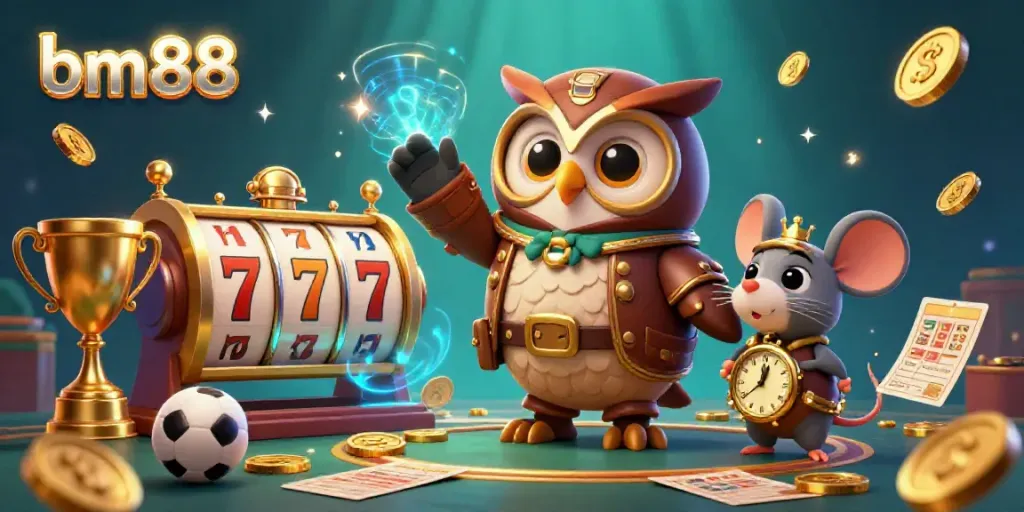 Experience thrilling moments with bm88 in a vibrant casino scene featuring an owl and clockwork mouse celebrating their wins.