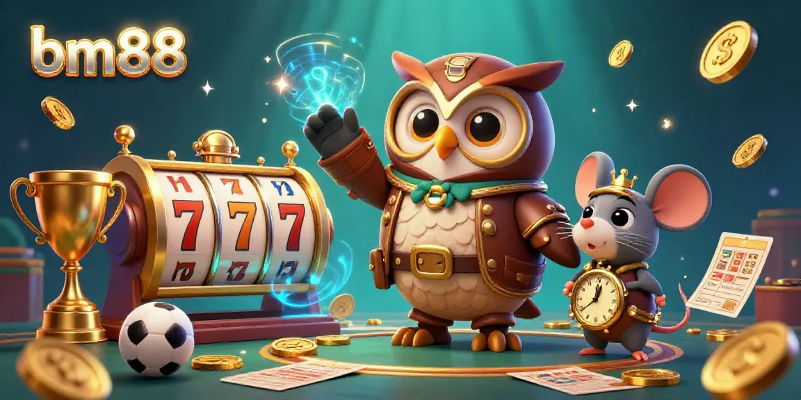 Experience thrilling moments with bm88 in a vibrant casino scene featuring an owl and clockwork mouse celebrating their wins.