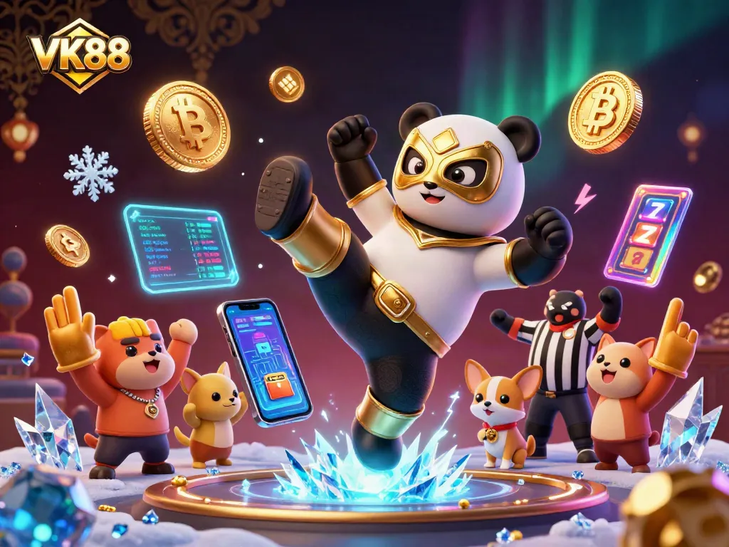 Showcasing VK88's excitement with a panda wrestler, digital coins, and a lively casino atmosphere.