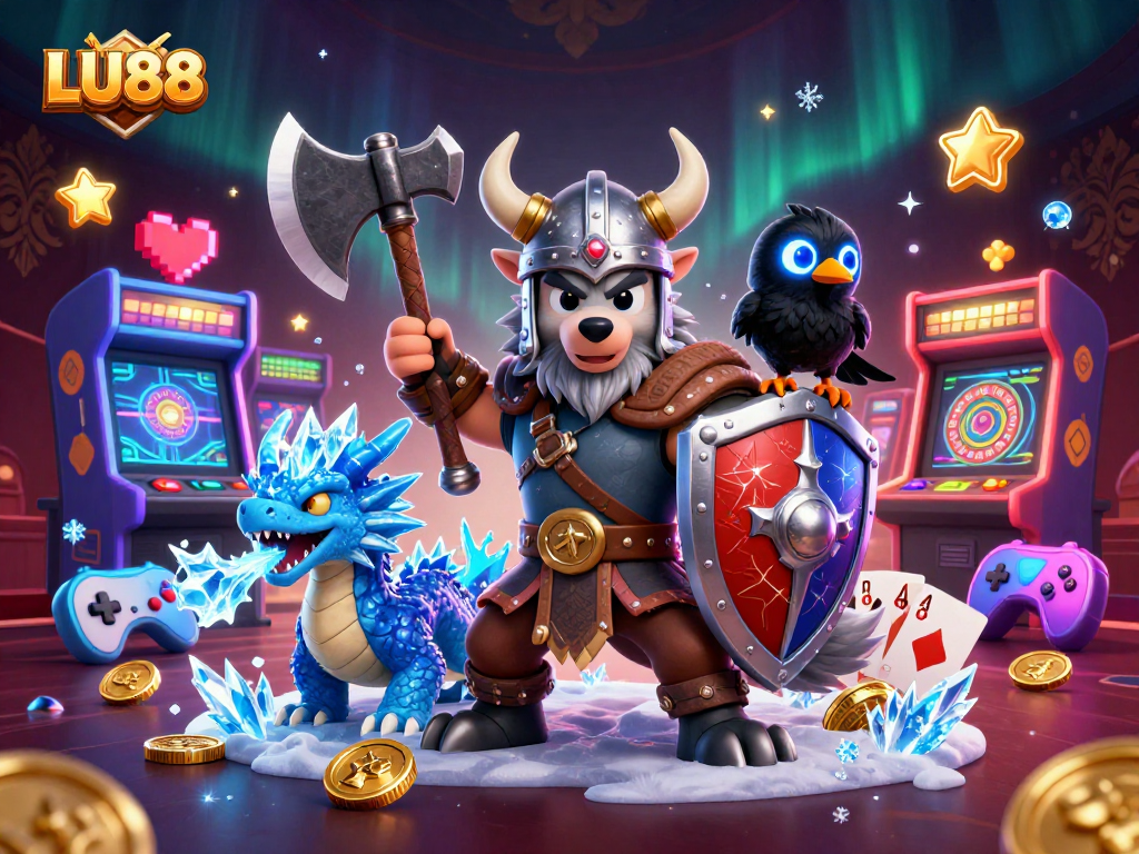 LU88 offers thrilling gaming experiences with a Viking warrior and a dragon in an engaging atmosphere.