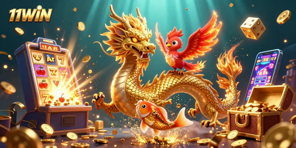 Experience 11WIN casino excitement with a dynamic illustration of a dragon, phoenix, and koi fish amidst slots and coins.
