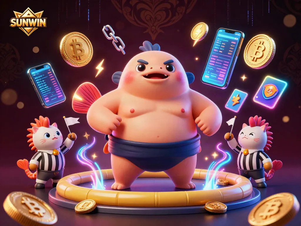 SUNWIN showcases a vibrant underwater casino scene featuring a fugu, catfish referee, and seahorse spectators surrounded by neon cryptocurrencies.
