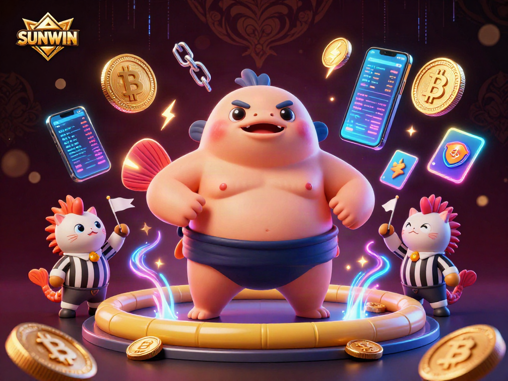SUNWIN showcases a vibrant underwater casino scene featuring a fugu, catfish referee, and seahorse spectators surrounded by neon cryptocurrencies.