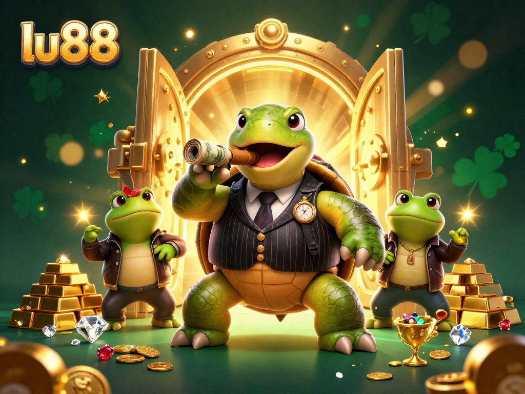 Join the excitement at lu88, featuring a cartoon turtle and bullfrog enforcers by treasure in a vibrant casino scene.