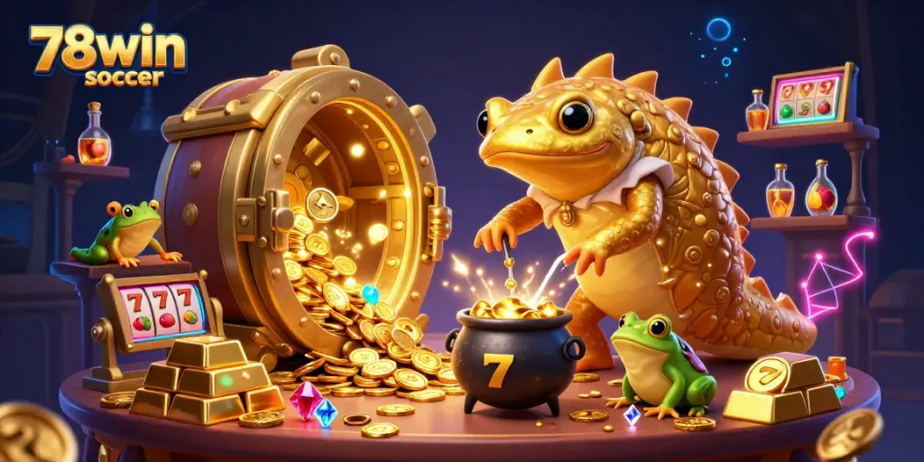 Experience the magic of 78win soccer as the golden salamander alchemist turns metals into treasure in a vibrant casino scene.