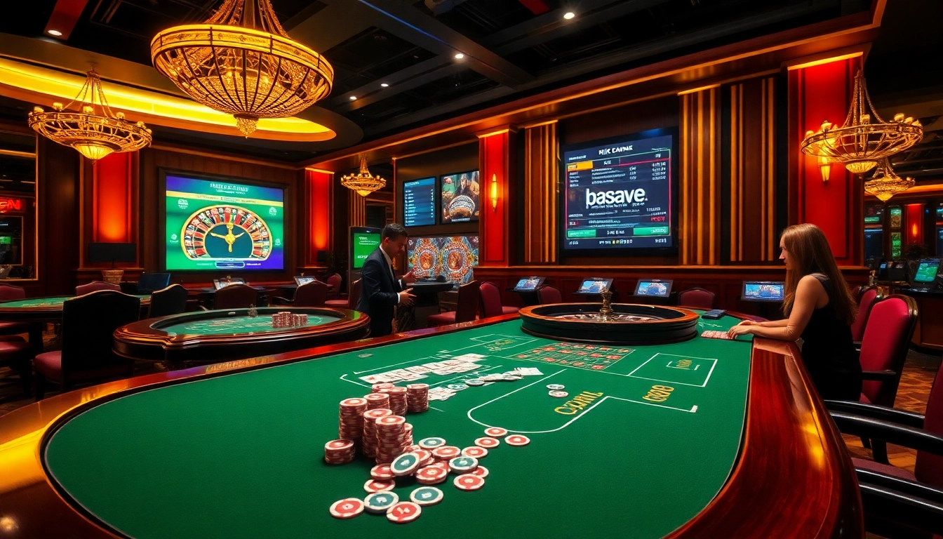 Engage in thrilling gameplay with a dynamic casino scene from https://sky88sa.com/, showcasing tables and betting excitement.