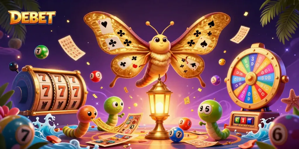 Experience the vibrant DEBET casino world with a lively moth and gold-themed illustration