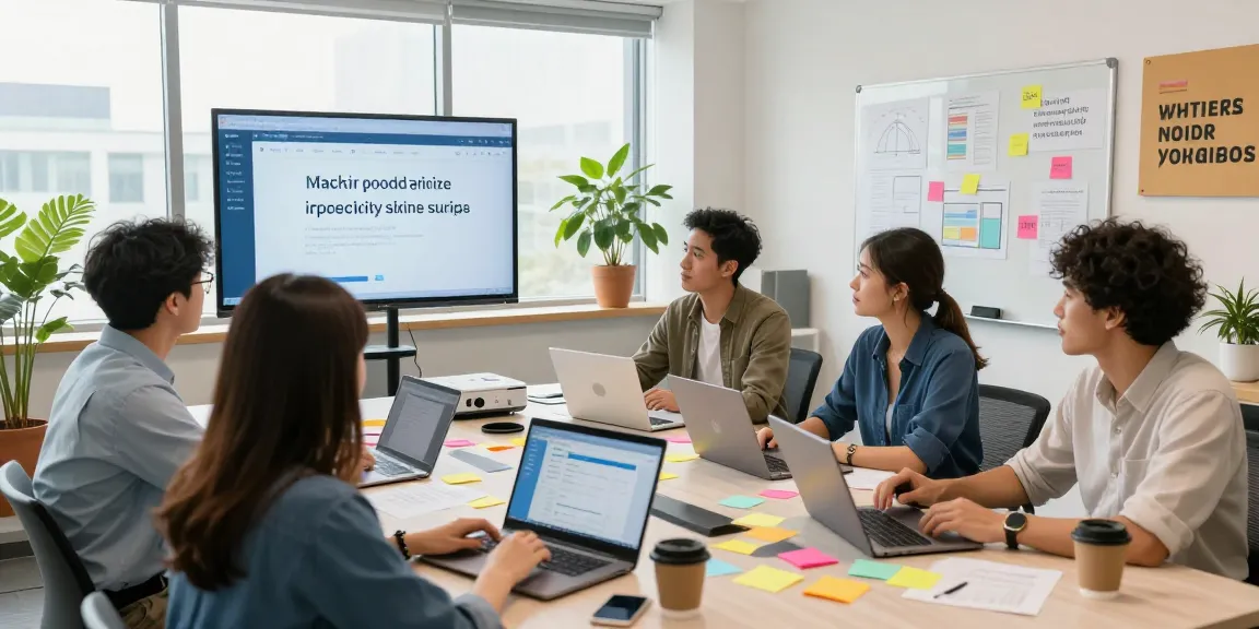 Team brainstorming for WPS Download strategies in a modern workspace, with laptops open showcasing the WPS Office software.