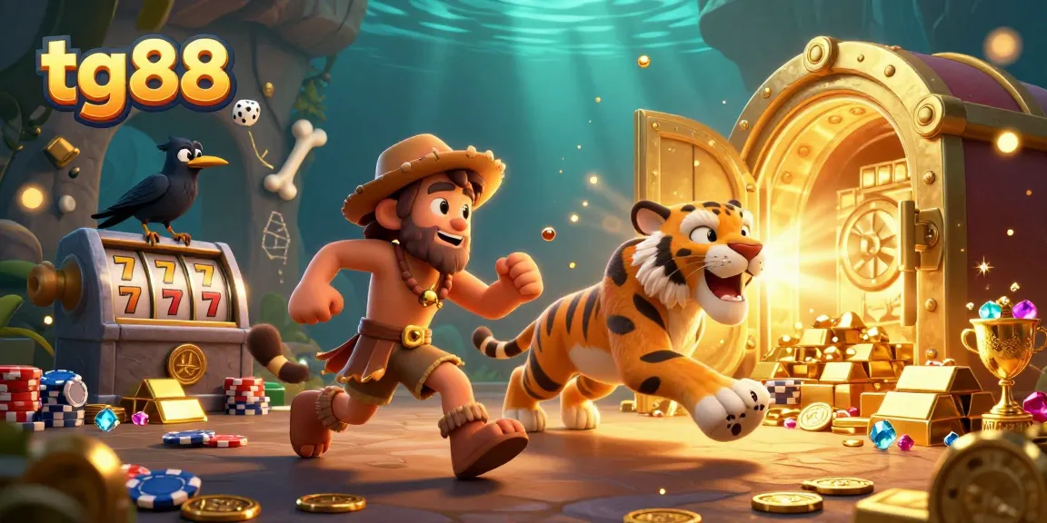Activate winning spins with tg88 at a vibrant prehistoric casino scene featuring playful characters and gold treasures.