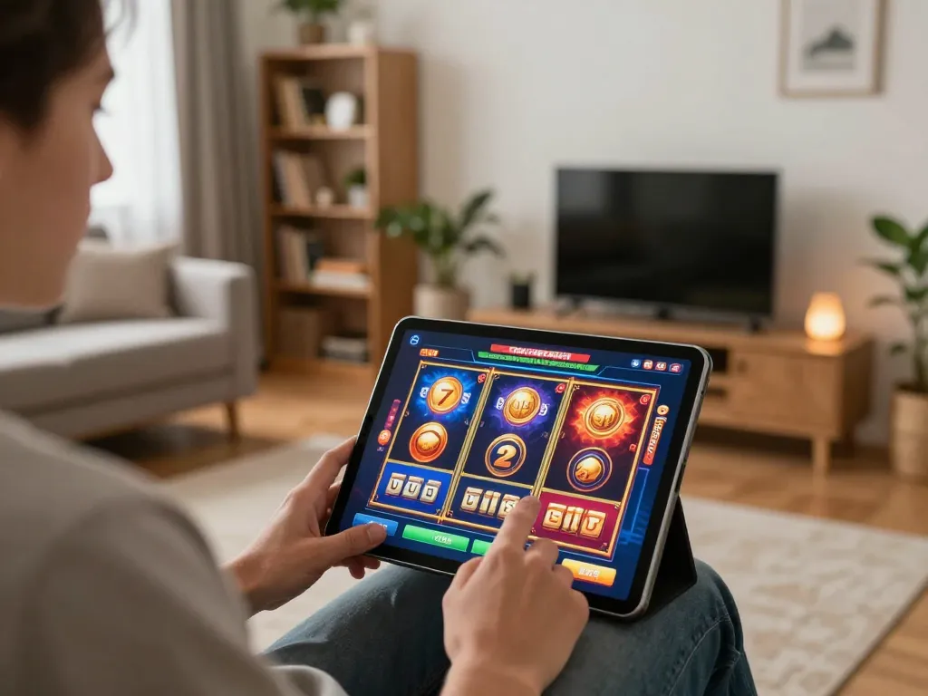Engaging with online slot games at Red88, a vibrant home gaming atmosphere with tablet interface.