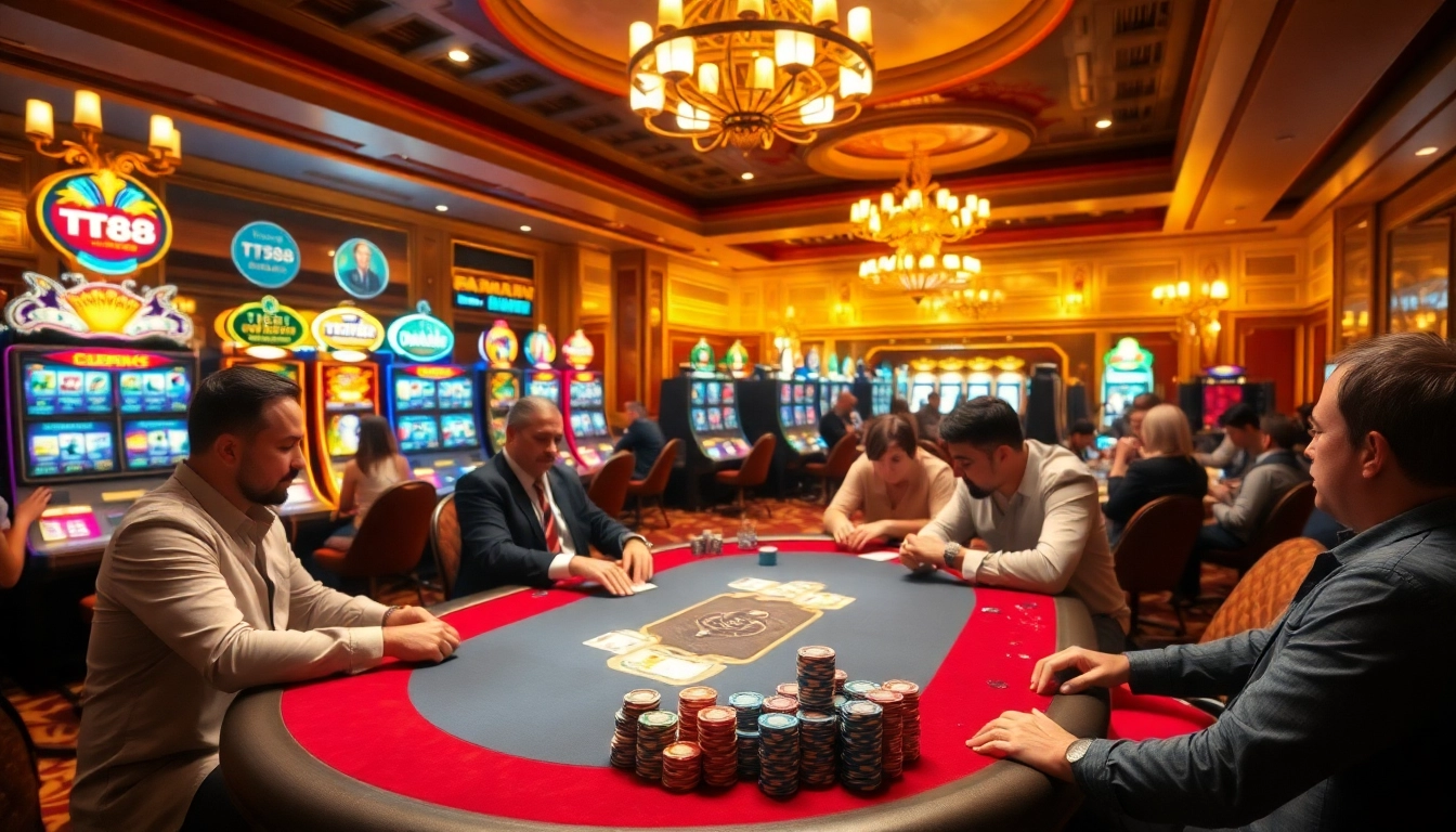 TT88 casino players engaging in high-stakes poker with colorful chips and vibrant slot machines.