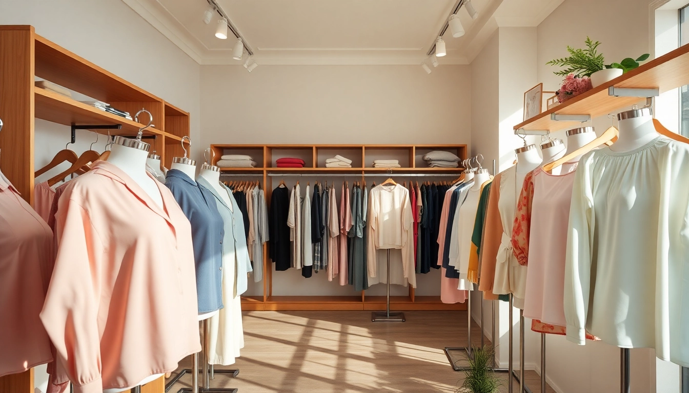 Women’s Clothing Manufacturer showcasing elegant tops in a stylish showroom.