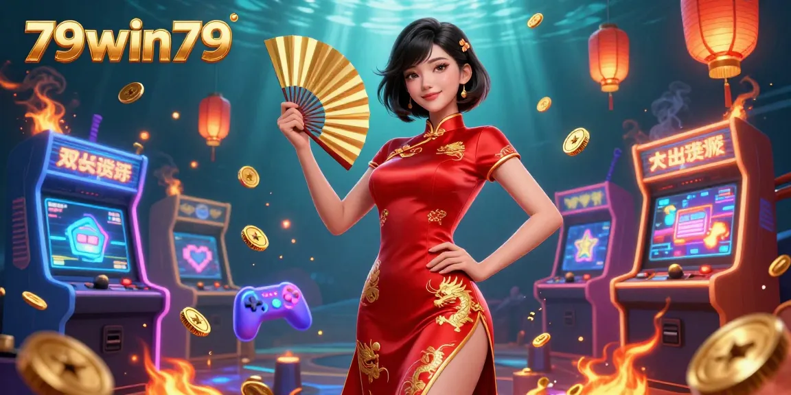 Play slots and win at 79win79 with vibrant casino elements and a beautiful Asian woman.