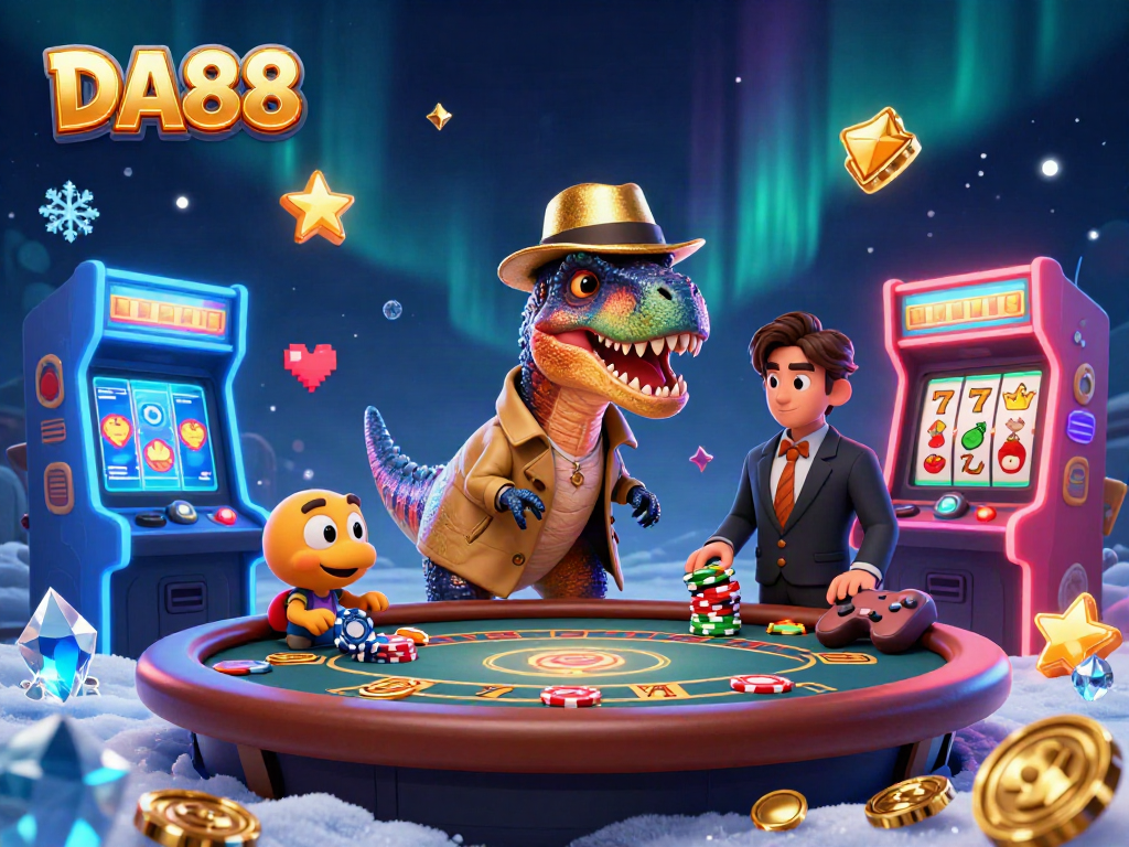 Engage in the thrilling DA88 blackjack scene with a velociraptor card counter and animated slot machines.