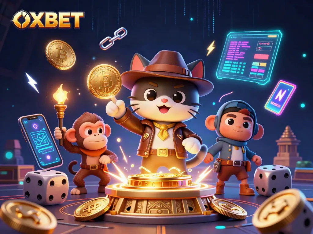 Experience OXBET's thrilling gaming environment featuring a cat archaeologist and dynamic crypto elements.
