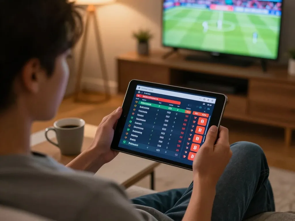 Betting enthusiast engaging with live odds on tablet for keo nha cai hom nay in a cozy setting.