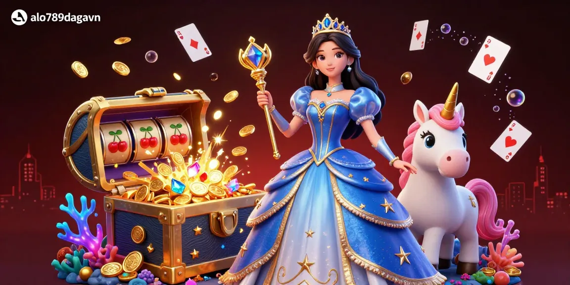 A breathtaking scene from alo789dagavn showcasing a royal woman and unicorn amidst glittering casino treasures.