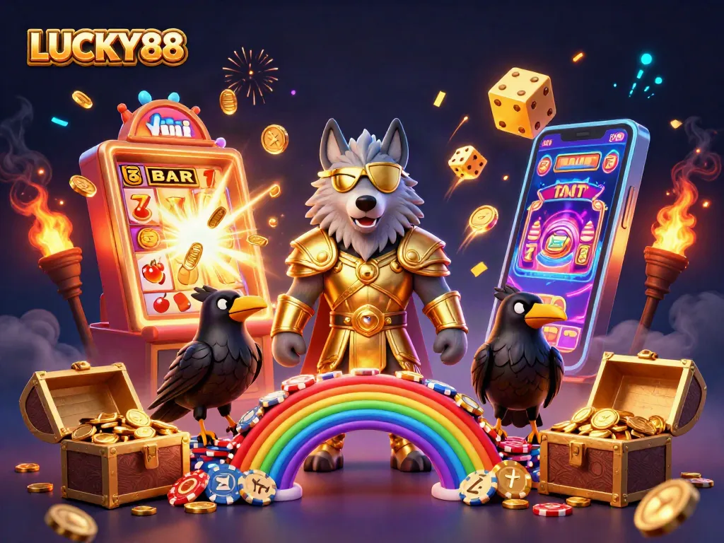 LUCKY88 jackpots burst from a massive slot machine in a dynamic casino scene with vibrant symbols.