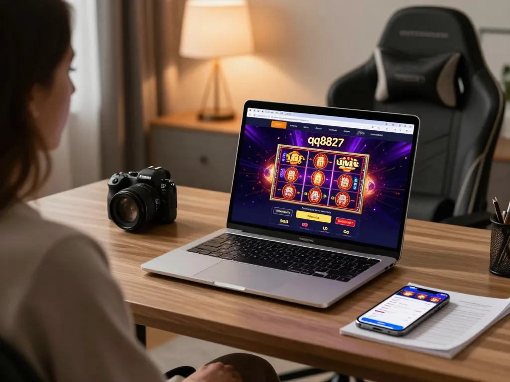 Engaging player using qq8827 for online casino gaming on a laptop, showcasing dynamic gameplay and responsible gaming.