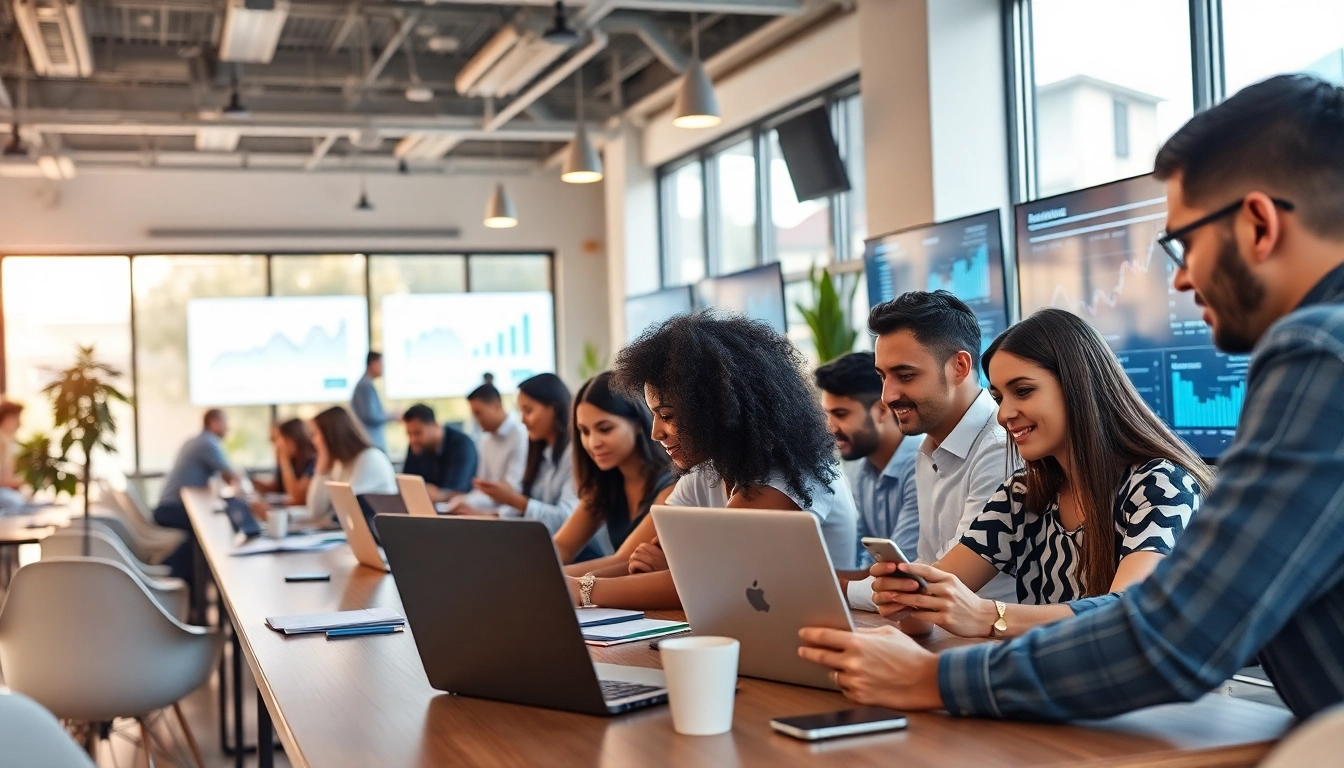 Un espacio de trabajo vibrante que muestra a un equipo diverso colaborando en una próspera agencia de marketing digital en Guadalajara.