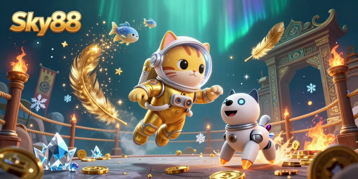 Sky88 showcases vibrant gameplay with a golden astronaut cat and robot dog amidst casino-themed elements.