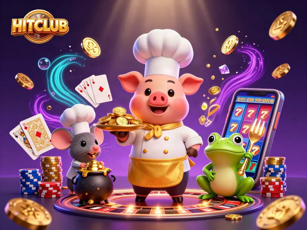 Engage in lively gaming at HITCLUB, featuring vibrant 3D characters and exciting casino elements.