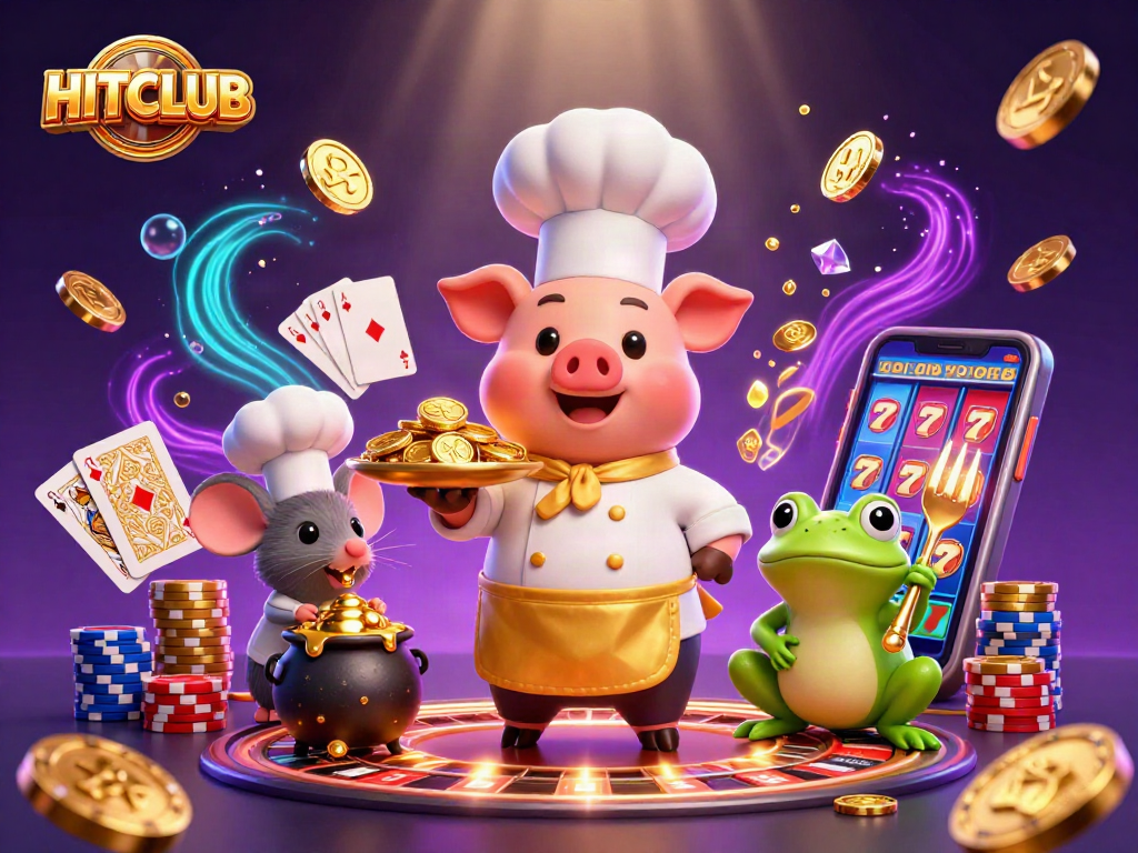 Engage in lively gaming at HITCLUB, featuring vibrant 3D characters and exciting casino elements.