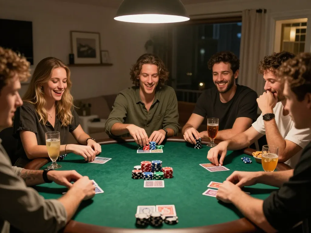 SX88 poker night with friends engaging in friendly gameplay and strategic bets at home.