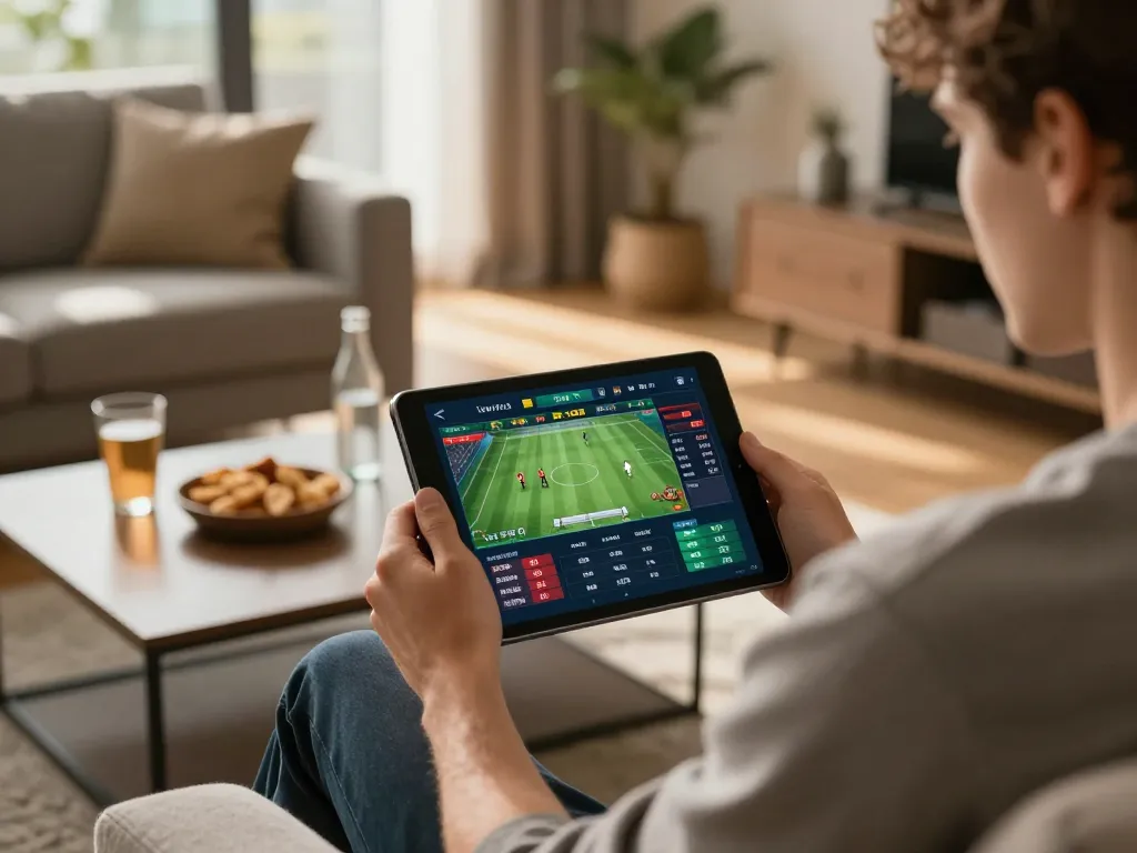 Engaging in sports betting at home with 78win’s user-friendly interface on a tablet for a strategic gaming experience