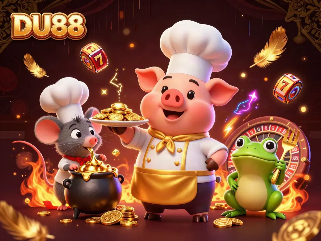 Play exciting games with DU88 at an online casino, featuring gold coins, a vibrant roulette wheel, and an energetic scene.