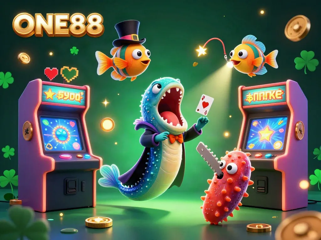 Engage in thrilling gaming experience with ONE88, featuring vivid 3D arcade elements and dynamic sea creature characters.