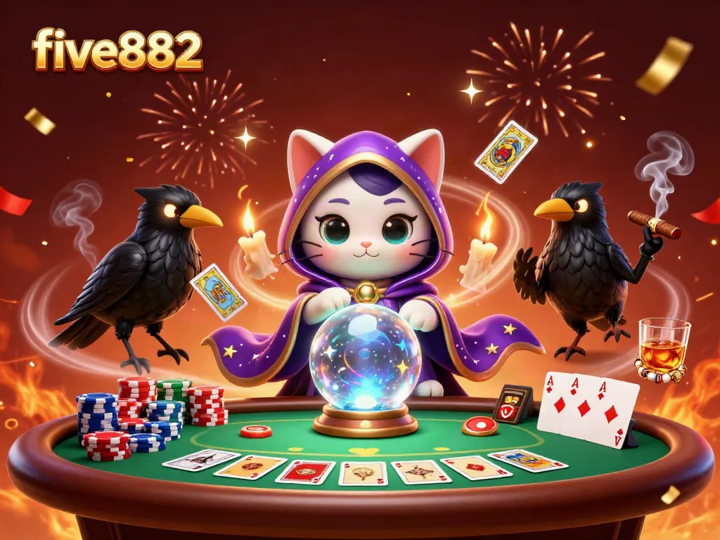 Engage in thrilling actions at five882, showcasing a mystical cat and raven amid poker excitement.