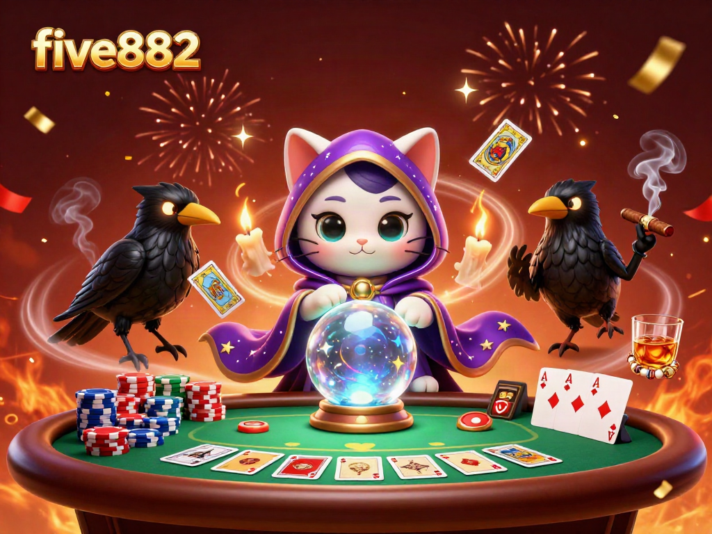 Engage in thrilling actions at five882, showcasing a mystical cat and raven amid poker excitement.