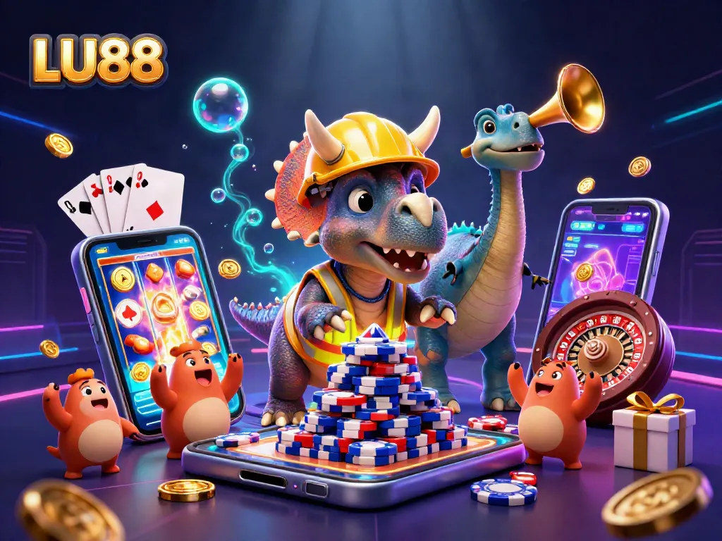 LU88 players winning at a vibrant 3D casino with colorful games and cheerful characters.