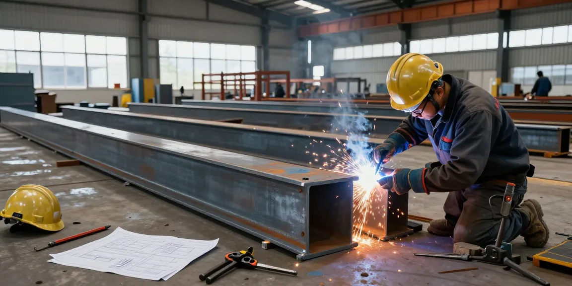 Workers expertly fabricating steel structures in a modern workshop, showcasing a commercial steel company.