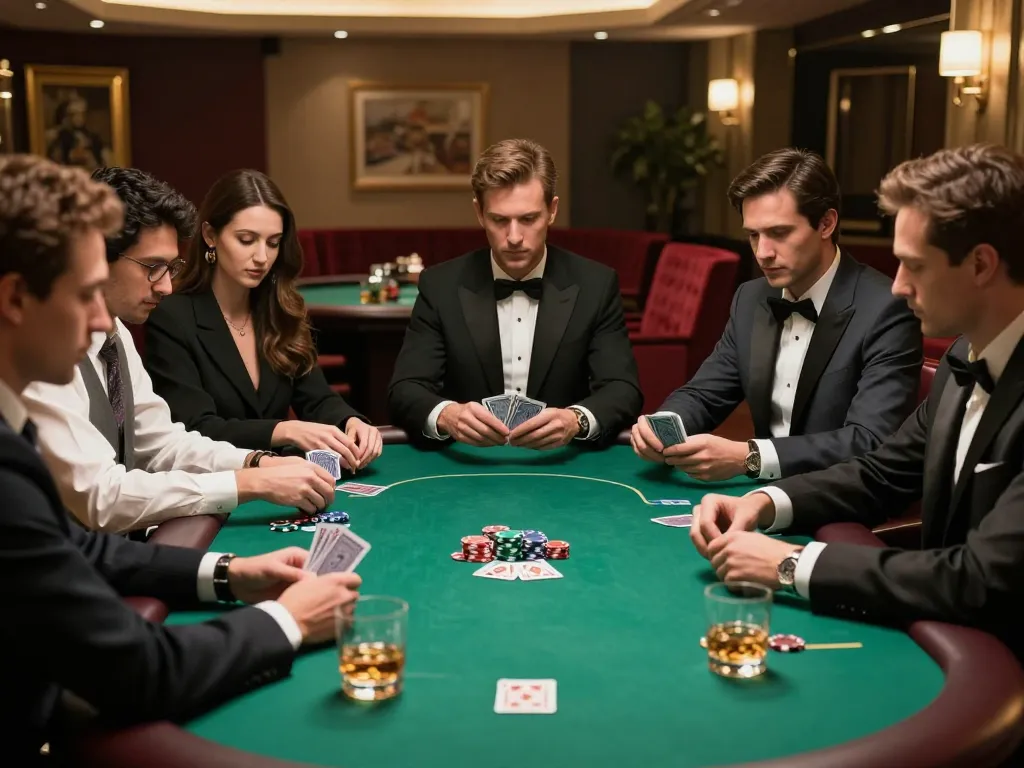 One88 players strategizing during an intense high-stakes poker game in elegant club surroundings.