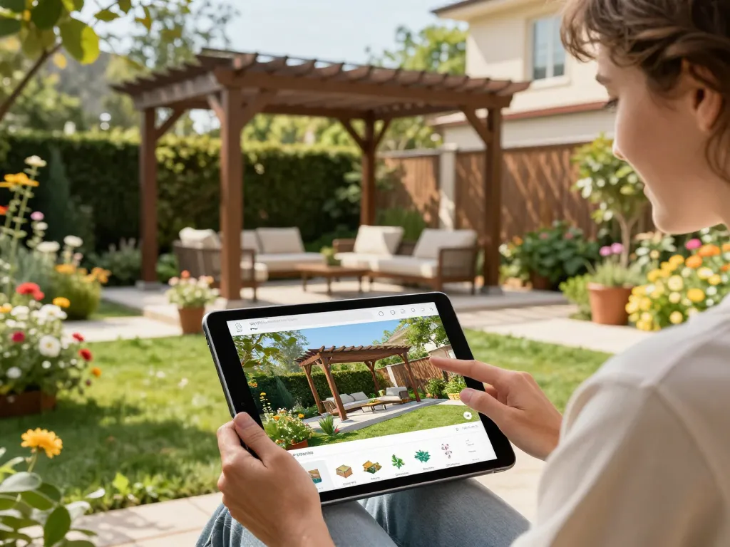 Using a 3D Pergola Configurator to design a custom pergola in a vibrant backyard.