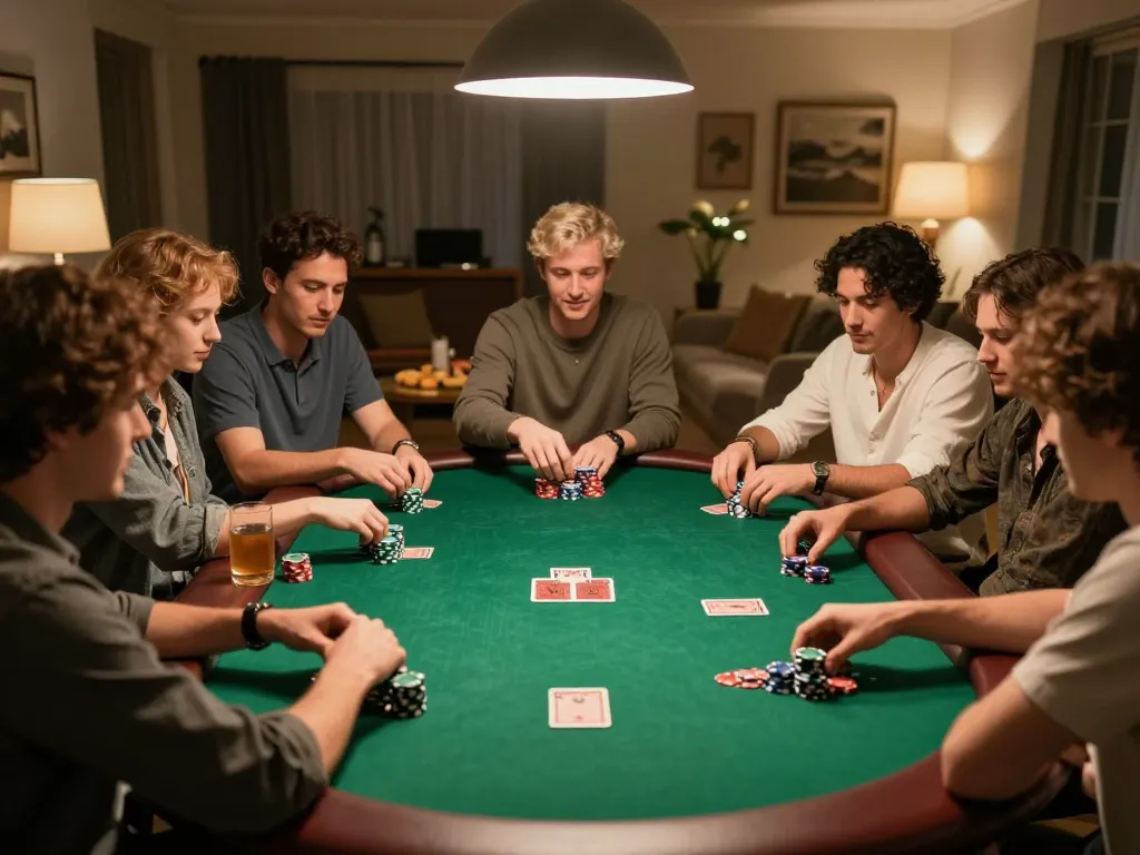 Players enjoying a fun poker night with friends at LC88, showcasing chips, cards, and a vibrant atmosphere.