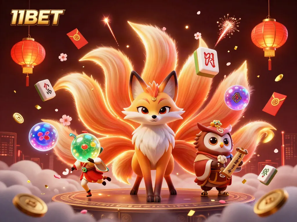 Win big with 11BET, featuring a cartoon nine-tailed fox and an owl amidst casino symbols and festive elements.