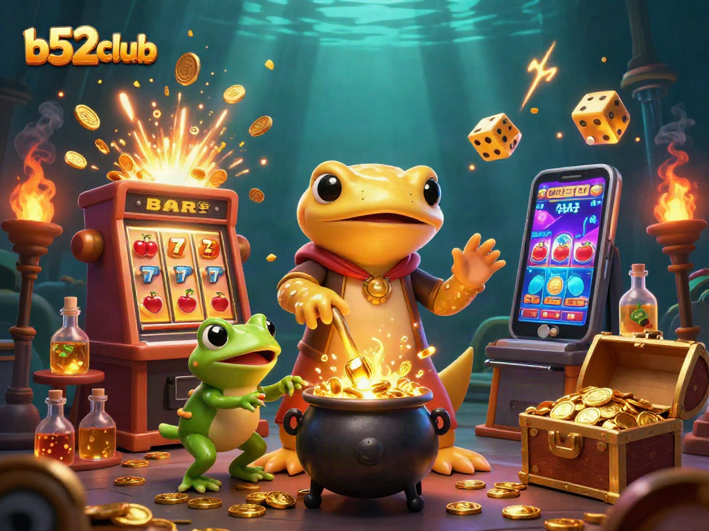 Experience thrilling gaming at b52club, featuring dynamic casino elements and vibrant illustrations.