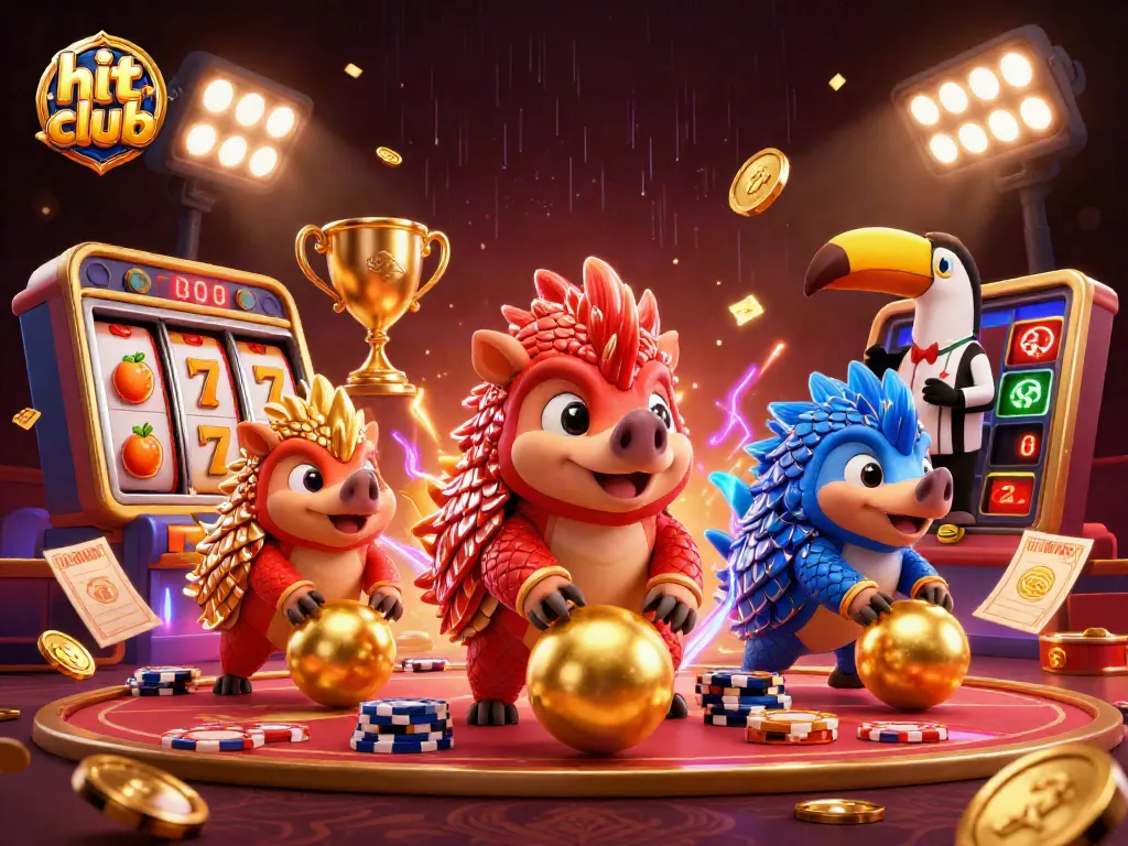 Hit club pangolins competing in a dynamic gaming scene with vibrant casino elements.