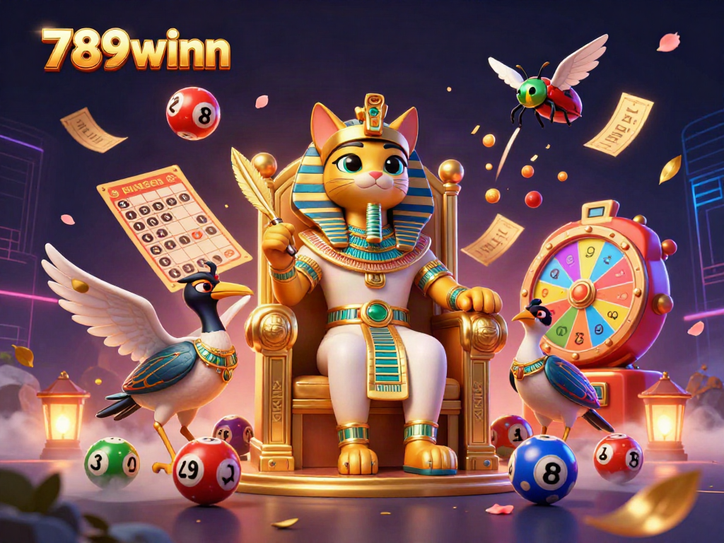 Experience the exciting world of 789winn with a vibrant pharaoh cat, lottery elements, and thrilling casino atmosphere.