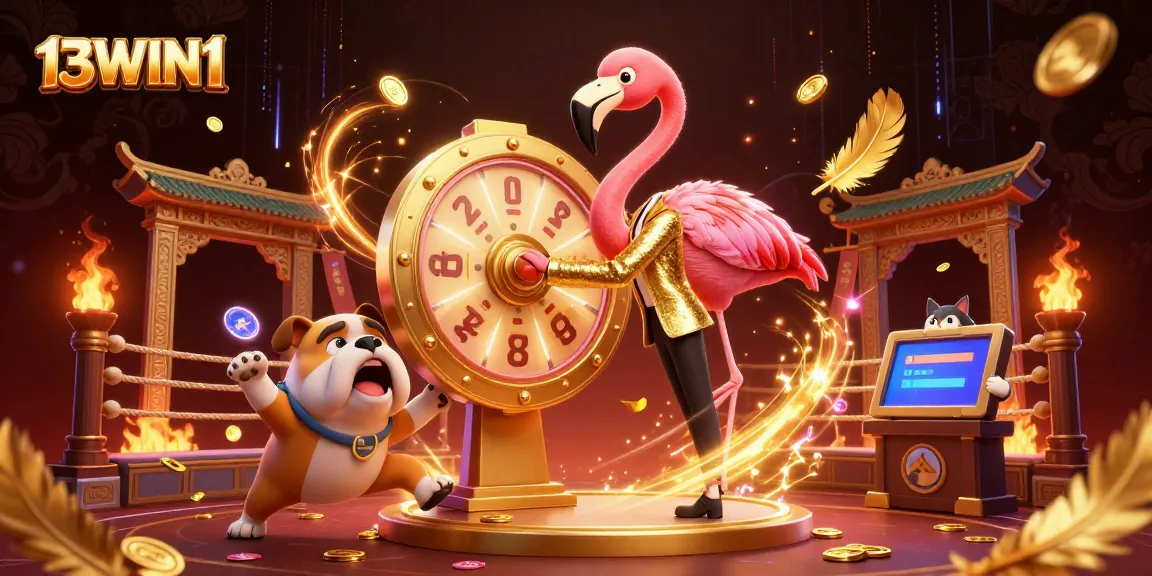 Excited players spin the golden prize wheel at 13WIN1's dynamic casino scene, filled with vibrant elements.