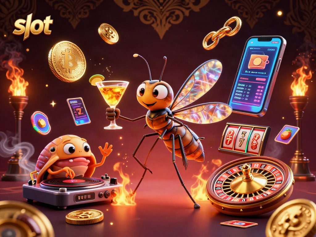 Engage with slot adventures featuring a lively amber mosquito mascot surrounded by neon crypto elements.