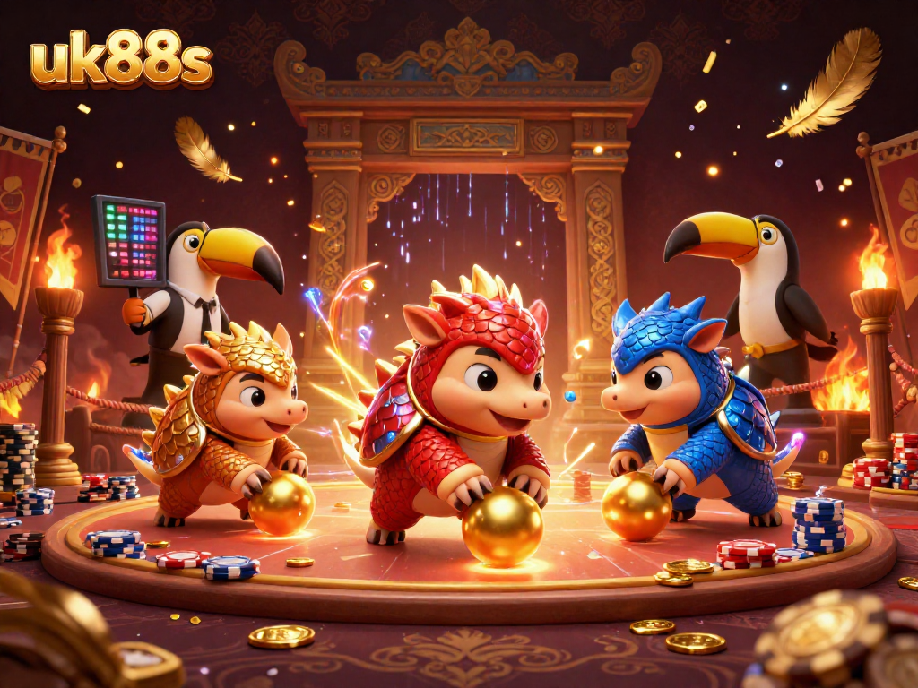 Compete in thrilling games at uk88s with 3D pangolins engaging in exciting casino action.